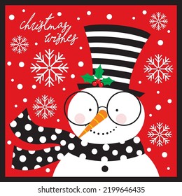 Christmas card, gift bag or box design with cute snowman and snowflakes