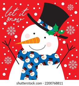 Christmas card, gift bag or box with cute snowman