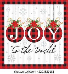 Christmas card, gift bag or box design with joy text and buffalo plaid 