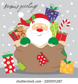 Christmas card. gift bag or box design with cute santa and gifts on the sack