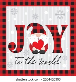 Christmas card, gift bag or box design with gnome, joy text and buffalo plaid background