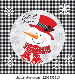 Christmas card, gift bag or box design with cute snowman and tartan background