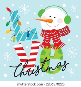 Christmas card, gift bag or box design with love text and snowman