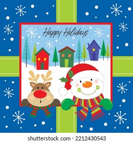 Christmas card, gift bag or box design with snowman and reindeer on the window