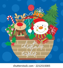 Christmas card, gift bag or box design with snowman, reindeer and gifts in the basket