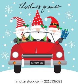 Christmas card, gift bag or box design with gnomes on the car