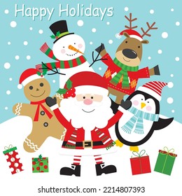 Christmas card, gift bag or box design with santa, penguin, snowman, gingerbread man and reindeer