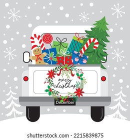 Christmas card, gift bag or box design with christmas truck, tree and gifts