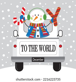 Christmas card, gift bag or box design with cute snowman on the car