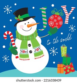 Christmas card, gift bag or box design with cute snowman