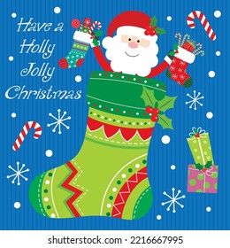 Christmas card, gift bag or box design with santa and christmas stocking