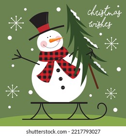 Christmas card, gift bag or box design with cute snowman and tree