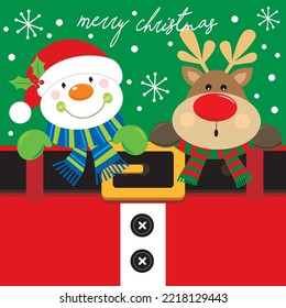 Christmas card, gift bag or box design with snowman and reindeer on the costume of santa