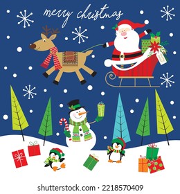 Christmas card, gift bag or box design with santa, sleigh, snowman and penguin