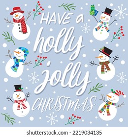 Christmas card, gift bag or box design with snowman and holly jolly text