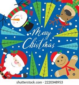 Christmas card, gift bag or box design with santa, reindeer, snowman and gingerbread man