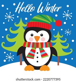 Christmas card, gift bag or box design with cute penguin