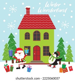 Christmas card, gift bag or box design with christmas house, santa and penguin