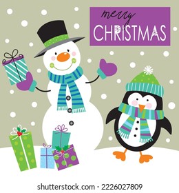 Christmas card, gift bag or box design with cute snowman and penguin