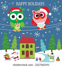 Christmas card, gift bag or box design with owls and christmas landscape