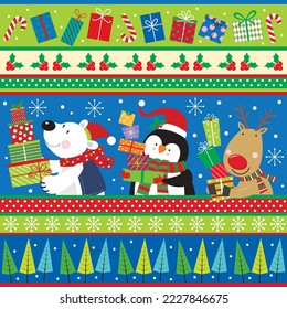 Christmas card, gift bag or box design with bear, penguin, reindeer and border