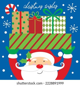 Christmas card, gift bag or box design with cute santa and gifts