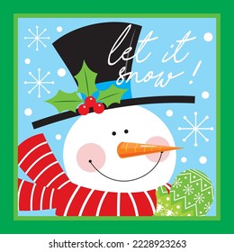 Christmas card, gift bag or box design with cute snowman