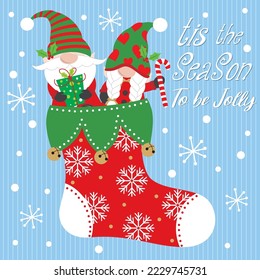 Christmas card, gift bag or box design with christmas sock and gnomes