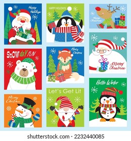 Christmas card, gift bag or box design with christmas characters