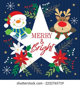 Christmas card, gift bag or box design with snowman and reindeer on the star