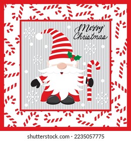 Christmas card, gift bag or box design with cute gnome and candy cane