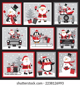 Christmas card, gift bag or box design with santa, snowman and penguin