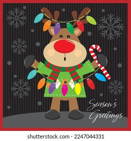 Christmas card, gift bag or box design with cute reindeer and lights