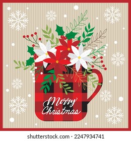 Christmas card, gift bag or box design with christmas wreath on the cup