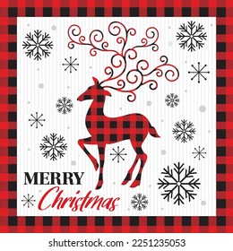 Christmas card, gift bag or box design with reindeer and buffalo plaid