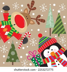 Christmas card, gift bag or box design with cute reindeer and penguin