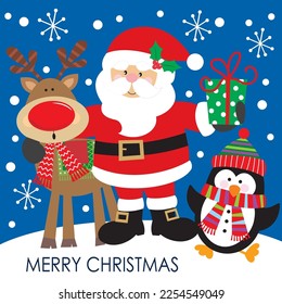 Christmas card, gift bag or box design with cute santa, reindeer and penguin