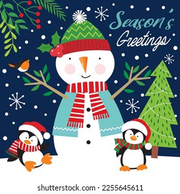 Christmas card, gift bag or box design with cute snowman and penguin