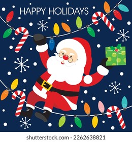 Christmas card, gift bag or box design with santa and christmas lights