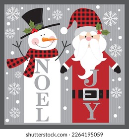 Christmas card, gift bag or box design with santa and snowman