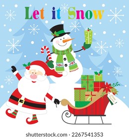 Christmas card, gift bag or box design with cute santa and snowman
