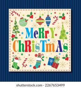 Christmas card, gift bag or box design with christmas text and decorations