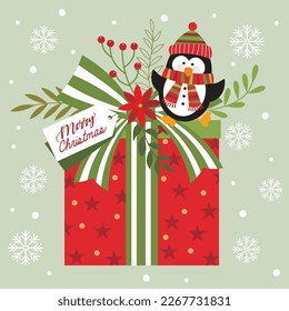 Christmas card, gift bag or box design with present and penguin