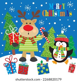 Christmas card, gift bag or box design with cute reindeer and penguin