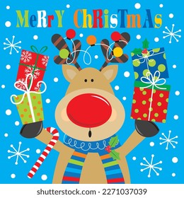 Christmas card, gift bag or box design with reindeer and gifts