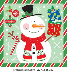 Christmas card, gift bag or box design with cute snowman and gifts