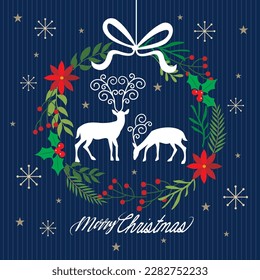 Christmas card, gift bag or box design with reindeer and wreath