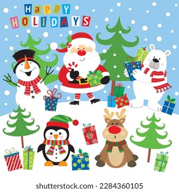 Christmas card, gift bag or box design with santa, snowman, penguin, reindeer and polar bear