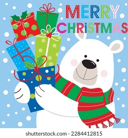 Christmas card, gift bag or box design with cute polar bear and gifts