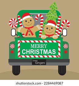 Christmas card, gift bag or box design with gingerbread man on the truck